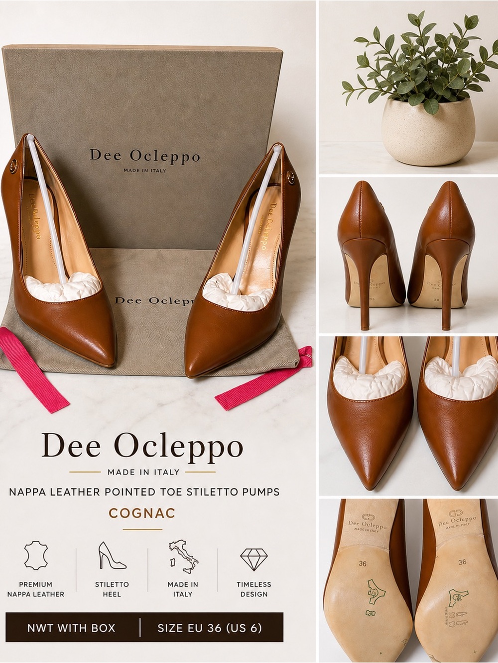 Dee Ocleppo Italian Cognac Leather Pointed Toe Stiletto Pumps Size 6 | EU 36 NIB